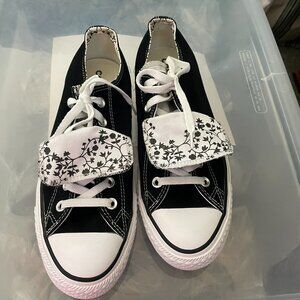 Converse All Star Black/White Sneakers with Floral Design Double Tongue Unisex